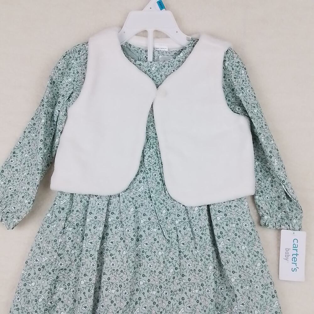 Carters Baby Set 24mo Green Pink Dress Leggings Layette Cotton Floral Print - Picture 13 of 15